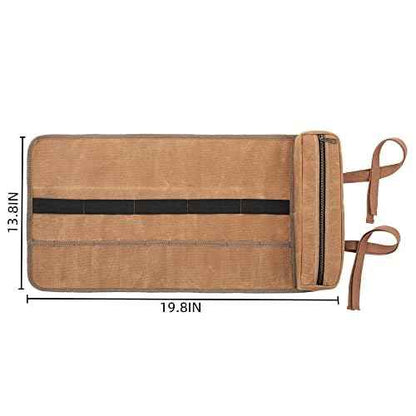 10 Pockets Tool Roll Up Organizer Bag, Heavy Duty 16oz Waxed Canvas Wrench Roll Up Bag with 2 Wrap Straps, Multi-Purpose Tool Pouch for Metric, SAE (Khaki)