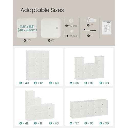 SONGMICS Cube Storage Organizer, Set of 12 Plastic Cubes, Closet Storage Shelves, DIY Plastic Closet Cabinet, Modular Bookcase, Shelving with Doors for Bedroom, Living Room, Cream White ULPC342W02