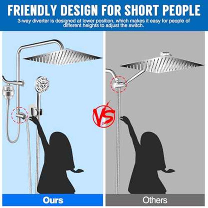AMORIX Shower Head 12" Rain Shower Heads with Handheld Spray Adjustable Extension Arm with Low Diverter, Filtered Rainfall Shower Head High Pressure 10 Setting Hand Held Built-in Power Wash + 79" Hose