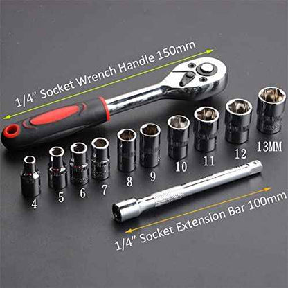 1/4¡± Ratchet Socket Wrench Set, Mechanic Tool Kit and Sockets Set with Quick Release Reversible Ratchet Handle and Extension Bar, 12 Pcs Set