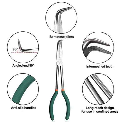 SPEEDWOX Long Reach Bent Nose Pliers 10 Inches 90 Degree Intermeshed Teeth Precision Fine Pliers for Hard to Reach Narrow Spaces High Leverage Reduce Efforts Non-slip Handle