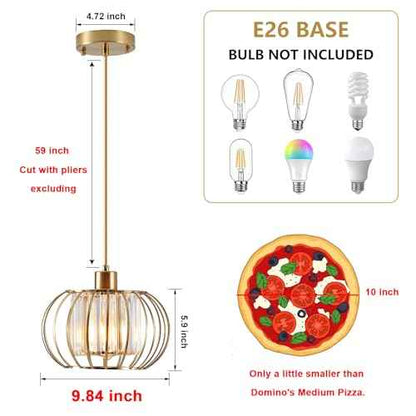 Gold Pendant Light Fixture, Modern Crystal Pendant Lights Kitchen Island, 1-Light Farmhouse Mini Chandelier, Adjustable Brass Hanging Light Fixture for Hallway, Bedroom, Dining Room