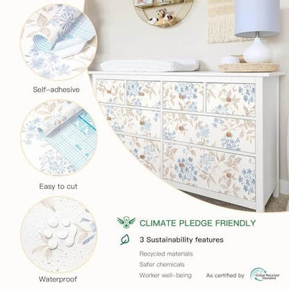 Heroad Boho Floral Wallpaper Blue/Beige Peel and Stick Wallpaper Neutral Leaf Contact Paper Removable Self Adhesive Wall Paper for Cabinet Bedroom Bathroom Waterproof Decor Vinyl Roll 17.3''x78.7''