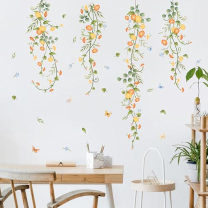 Hanging Flowers Vine Wall Stickers Yellow Morning Glory Wall Decals Autumn Floral Butterflies Art Wall Decor for Bedroom Living Room Sofa TV Backdrop