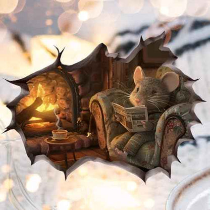 Cozy Mouse Wall Decal, 3D Fireplace Scene Decorative Sticker, Vinyl Home Decor