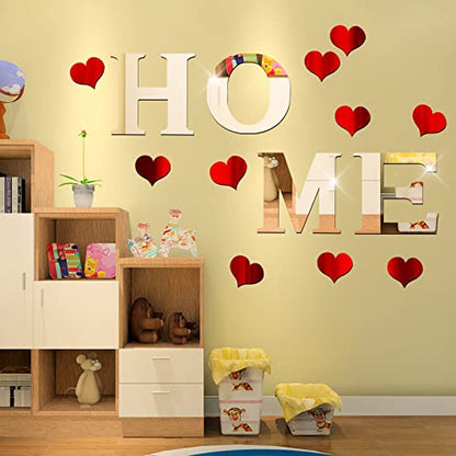 14PCS Mirror Wall Decor Home Sign Letters for Wall Stickers Decal, Silver 3D Art Red Heart Sticker for Bedroom Family Farmhouse Office Modern Living Room Decor