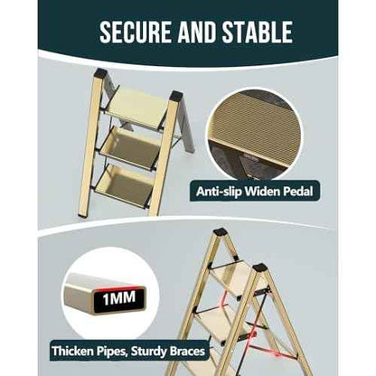WOA WOA Step Ladder, 3 Step Foldable Step Stool with Widen Pedals, Portable Home Ladders for Kitchen, Lightweight Aluminum Stepladder, Compact Ladder for Space Saving (300lbs, Gold)
