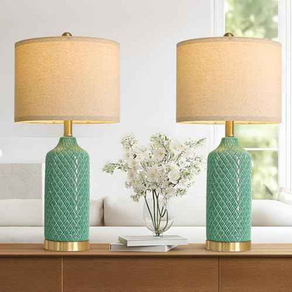 G-SAFAVA24.25 Modern Ceramic Green Table Lamps Set of 2 for Living Room, Farmhouse, Bedside, Bedroom, Side & End Tables Nightstand Light Home Office Desk Lamps Gifts