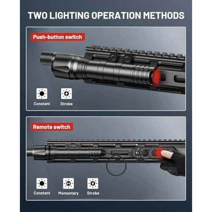 EZshoot 1800 Lumens Tactical Rifle Light with Remote Pressure Switch Compatible with M-Rail, IPX7 Waterproof Rechargeable Rifle Flashlight with Strobe Mode for Home Defence, Hunting