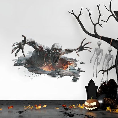 3D Halloween Floor and Wall Decals - Horror Skeleton Zombie Stickers for Living Room, Peel and Stick Vinyl Decorations for Bar Pub Party Supplies