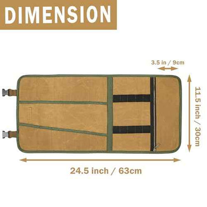 Canvas Tool Roll, Portable Roll Up Tool Pouch - 16OZ Waxed Canvas Wrench Organization | with 12 Slots & Elastic Band & 1 Zippered Pocket | for Pliers Chisels Spanners Screwdrivers