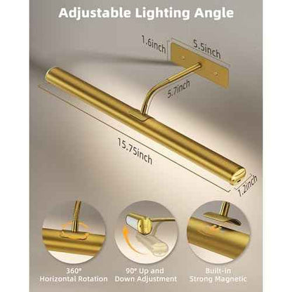 EZVALO Picture Lights for Wall, 16'' Rechargeable 6000mAh Painting Lights with Remote, Wireless Dimmable 3 Color Temperatures Art Lights for Gallery, Living Room, Hallway (Gold, 2Pack)
