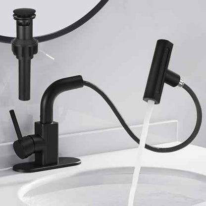RUMOSE Matte Black Bathroom Faucets with 4 Mode Pull Down Sprayer Single Handle Waterfall 360¡ÆRotatable Bath Sink Faucet with Pop Up Drain 1 or 3 Hole Pull Out Bar Vanity Faucet with Deck Plate