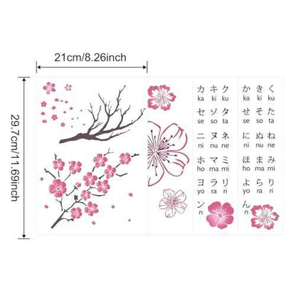 4 PCS Japanese Hiragana Katakana Alphabet Stencil Flower Stencil Set,Sakura Stencil Film for Bullet journaling,Wood Carving, Drawings,Woodburning, Engraving and Scrapbooking Project A4 Size