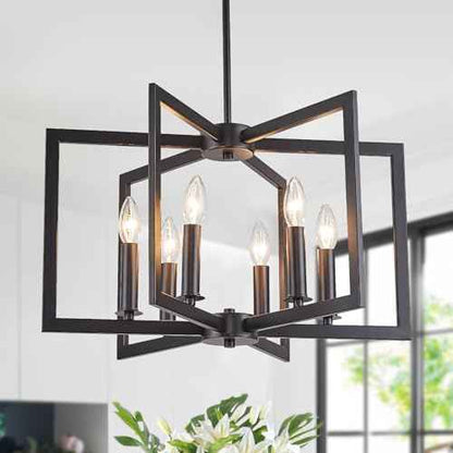 Dining Room Light Fixture, Modern Black Chandelier Farmhouse Metal Pendant Light for Foyer Enteyway Living Room Kitchen Island, 6 Wrought Iron Lights E12 Bulbs, Height Adjustable, 21.2 inch