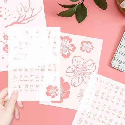 4 PCS Japanese Hiragana Katakana Alphabet Stencil Flower Stencil Set,Sakura Stencil Film for Bullet journaling,Wood Carving, Drawings,Woodburning, Engraving and Scrapbooking Project A4 Size