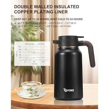 2 PCS Thermal Coffee Carafe 70 oz - 36 Hour Hot Stainless Steel Carafes for Hot Liquids-Insulated Coffee Carafes For Keeping Hot/Cold Coffee, Tea, Water, Drink Dispenser for Parties(Black/Black)