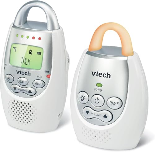 VTech Communications DM221 Audio Baby Monitor with up to 1,000 ft of Range, Vibrating Sound-Alert, Talk Back Intercom & Night Light Loop, White/Silver