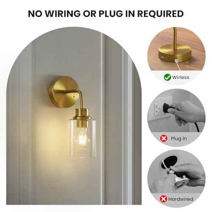 Battery Operated Wall Sconce Set of Two - Dimmable Wireless Sconces Set of 2 with Remote Control, Cordless Rechargeable Gold Wall Lights 3000K Modern Wall lamp for Bathroom Bedroom Living Room