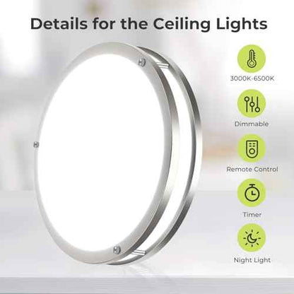 hepside 2Pack Flush Mount LED Ceiling Light with Remote, Dimmable& 3000K-6500K Adjustable Ceiling Light Fixture, Timer, Night Light, 13 inch Brushed Nickel Ceiling Lamps for Kitchen Bathroom Bedroom