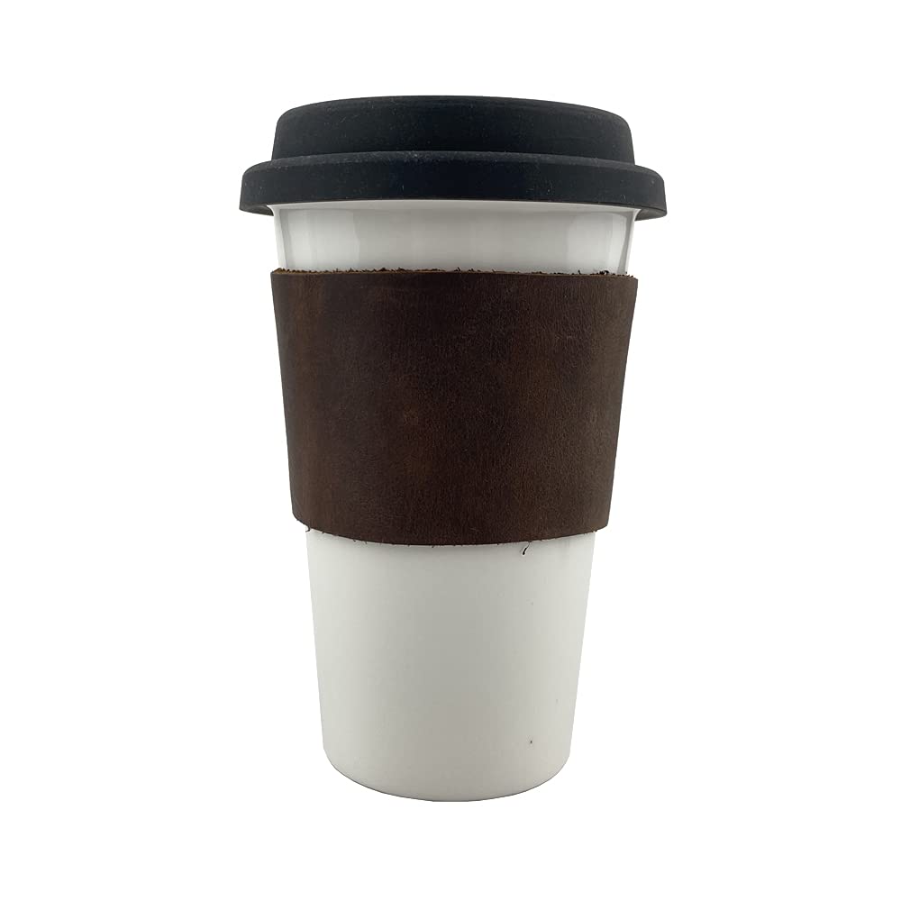 Hide & Drink Rustic Leather Reusable Coffee & Tea Grip Sleeve, Insulator, Hand Protector & Drink Grip for Paper Cups Handmade (Bourbon Brown)