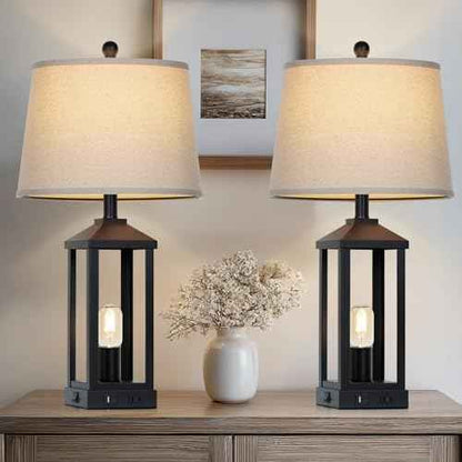 28" Tall Vintage Table Lamp Set of 2 with USB C+A & Outlet,Black Industrial End Table Lamp for Living Room,Farmhouse Rustic Bedside Lamps Set of 2 with Night Light ,Vintage Bedroom Lamp for Nightstand