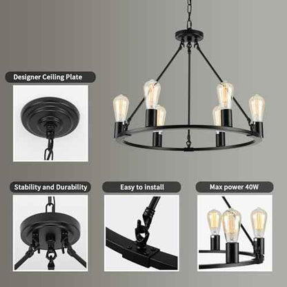 Black Chandelier, 6-Light Dining Room Light Fixture, Round Farmhouse Wagon Wheel Chandeliers for Dining Room Living Room Entryway Kitchen Island Dia 24"
