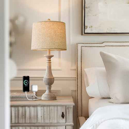 PoKat 27.25'' Table Lamp for Living Room with 2 USB Ports - Bedside Lamps for Night Stands, Farmhosue Nightstand Light Lamp, Mid Century Tall Lamp for Bedroom, Living Room, End Table, Distressed White