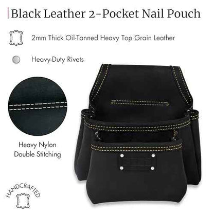 FESA 2 Pocket Nail Pouch for Tool Belts - Leather Screw Pouch with 2 Extra Large Pockets for Fasteners - Heavy Duty Rivets & Stitching - Fits Tool Belts up to 3" - Handcrafted