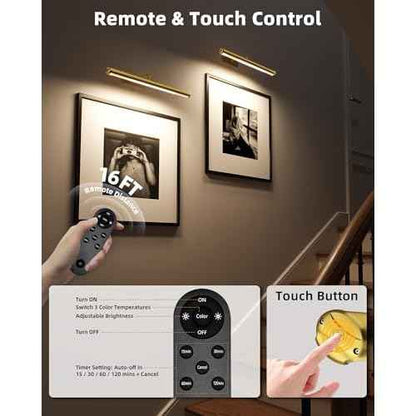 EZVALO Picture Lights for Wall, 16'' Rechargeable 6000mAh Painting Lights with Remote, Wireless Dimmable 3 Color Temperatures Art Lights for Gallery, Living Room, Hallway (Gold, 2Pack)