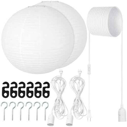 2 Sets Jumbo Paper Lanterns with Lamp Cord Cable White Hanging Paper Lanterns Chinese Japanese Pendant Hanging Lamp for Birthday Wedding Bridal Anniversary Party Decoration (Round, 18 Inch)