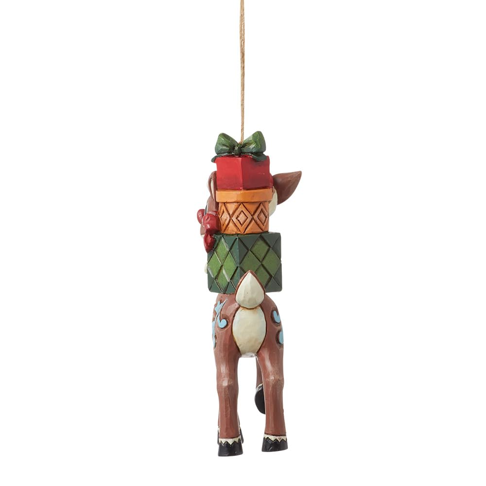 Enesco Rudolph Traditions by Jim Shore Carrying a Stack of Presents Hanging Ornament, 4.13 Inch, Multicolor