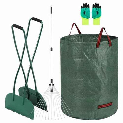 Leaf Grabber and Adjustable Metal Rake Set with Long Handle, 79-Gallon Reusable Yard Waste Bags & Gloves ? Complete Leaf Collector Tool Kit