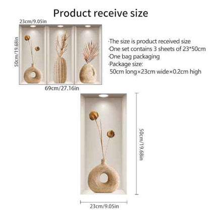 3D Dried Flower Vase Wall Stickers, 3Pcs Rustic Blossom PVC Wall Decals, Removable 3D Floral Wall Art for Living Room, Bedroom, Entryway, Sofa Backdrop, Yoga Studio, Office, Home Decor