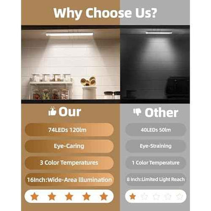 6Pack 16inch Under Cabinet Lighting, Rechargeable Motion Sensor Light Indoor, Wireless Remote Light, Dimmable 3 Color Temps Closet Lights, Under Counter LED Lights for Kitchen, Stairs