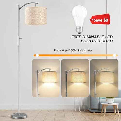 Dimmable Floor Lamp, Arc Floor Lamps for Living Room, Stepless Dimming Modern Standing Lamp with Linen Shade, Tall Lamp for Bedroom Office Dining Room- Silver