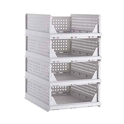 Stackable Plastic Storage Basket-Foldable Closet Organizers and Storage Bins - Drawer Shelf Storage Container for Wardrobe Cupboard Kitchen Bathroom Office (White Small-4 Pack)