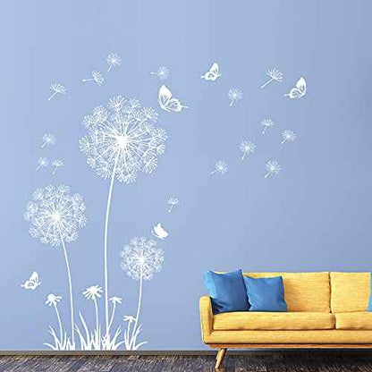 2 Sheets Dandelion Wildflower Wall Decals Art, Wall Stickers Peel and Stick Floral Butterflies Flying Decor for Girls Kids Women Baby Nursery Living Room Bedroom Bathroom Hallway Stairwell (White)