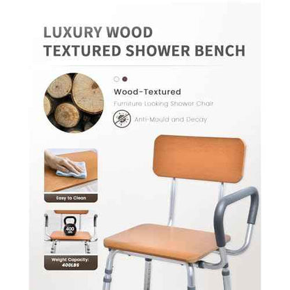 Sangohe Shower Chair for Inside Shower with Arms and Back, Height Adjustable Shower Chair for Elderly and Disabled, Wood Seat Board and Back, 400 lbs Heavy Duty Shower Seat for Seniors, 796A