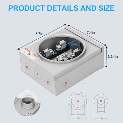 100 Amp Meter Socket, 4 Jaw Meter Base, 600V 3 Wire Ring Type, with Horn Bypass Meter Cover Plate, Suitable for Overhead/Underground Feed