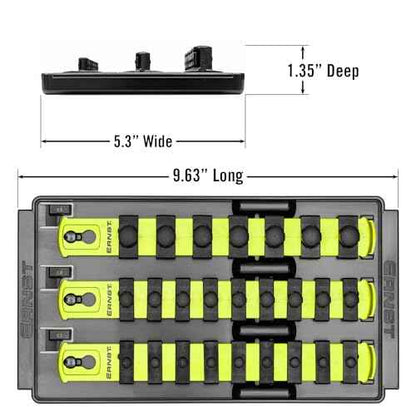 Ernst Manufacturing 8-Inch Socket Boss, 3-Rail Socket Tray, HI-VIZ - 1/4", 3/8" & 1/2" Drive Twist-Lock Organizer, Made in the USA