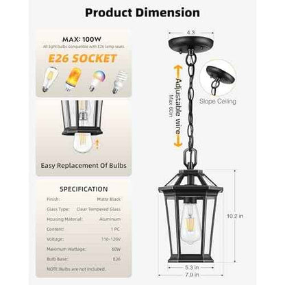 VIANIS Outdoor Pendant Lights, Modern Hanging Outside Lantern, Aluminum Porch Light Ceiling, Black Outdoor Chandelier for Porch with Clear Glass for House Doorway