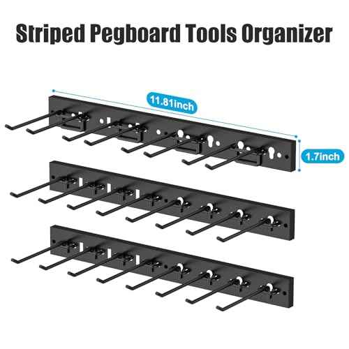 CCCEI 3 Modular Pegboard Strip Storage, Metal Peg Slat Wall Mount for Garage, Basement, Garden, Laundry Room Organization. Flexible Tool Organizer for Rake, Shovels, Crafting. Gifts for Men, Black.