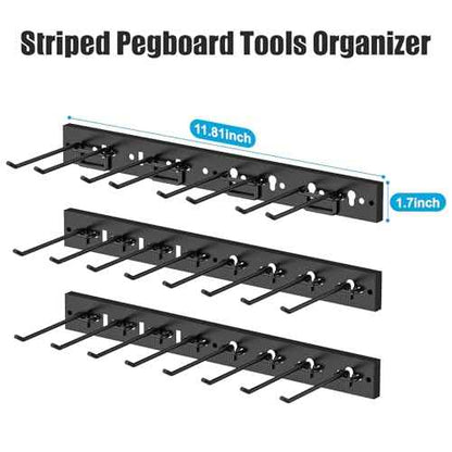 CCCEI 3 Modular Pegboard Strip Storage, Metal Peg Slat Wall Mount for Garage, Basement, Garden, Laundry Room Organization. Flexible Tool Organizer for Rake, Shovels, Crafting. Gifts for Men, Black.