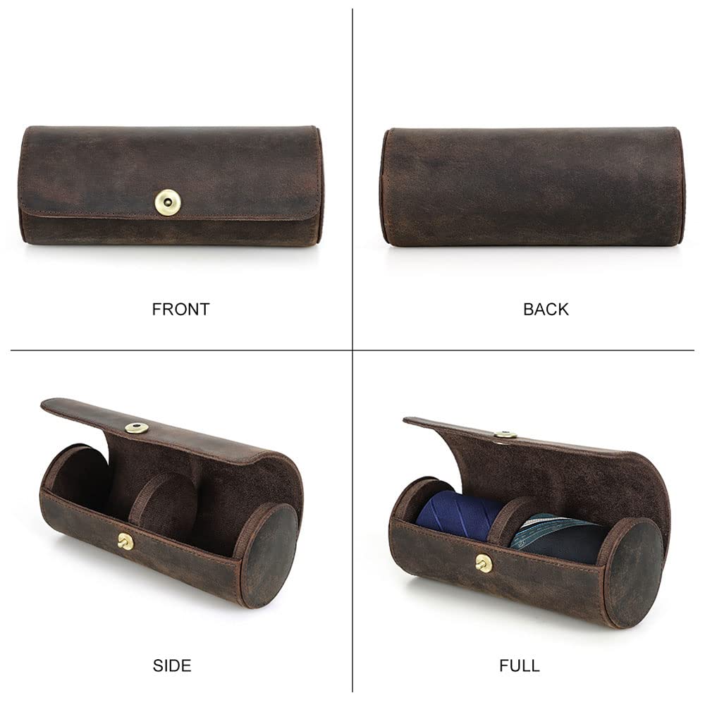CONTACTS Tie Travel Holder for Men Crazy Horse Leather Handmade Ties Case Small Neckties Organizer Mens Tie Anti Wrinkle Storage Roll