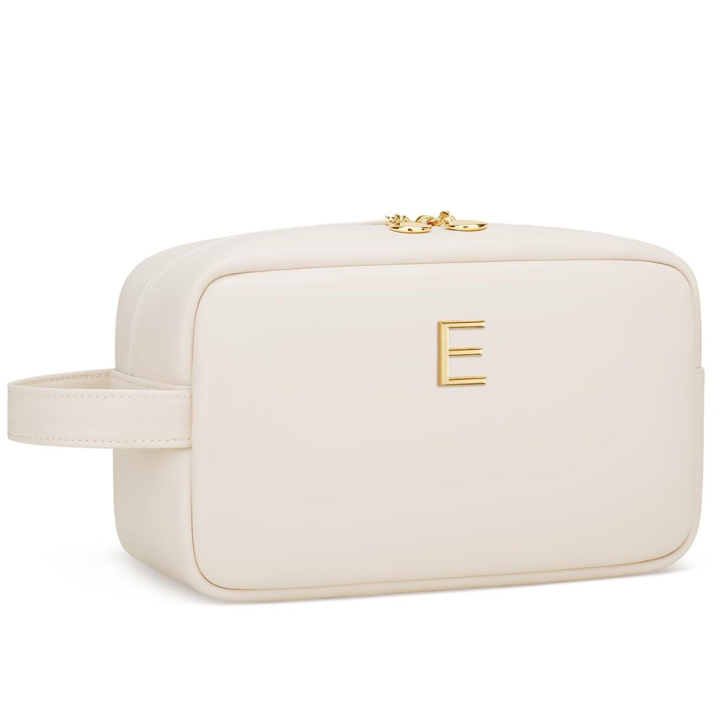 CLOUDWINGS Personalized Gifts for Women Girls - Customized Gifts for Mom Bridesmaid Graduation Friend, Initial Makeup Bag Cosmetic Bag with Large Capacity, PU leather Travel Toiletry Bags (Beige, E)