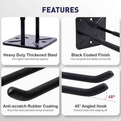 SMART JERRY - 4 Pack Heavy Duty Garage Hooks, Wall Mounted Tool Hangers for Ladders, Bicycles, Car Tires, Garden Tools, Chairs, Garage Storage Organization, 60 LB Max Load Each Hook
