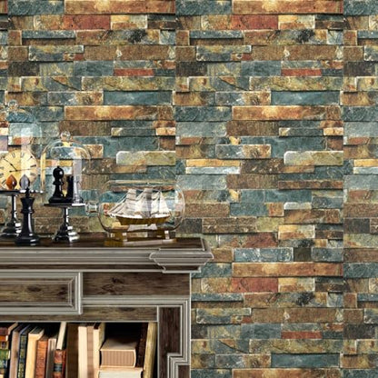 Wallercity Vintage Faux Blue/Brown Wallpaper Peel and Stick Wallpaper Waterproof Self-Adhesive Stone Wallpapers 3D Rock Textured Contact Paper for Kitchen Backsplash Living Room Bedroom 15.8''x78.7''