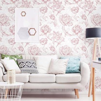 Timeet 17.7In ¡¿197In Pink Peel and Stick Wallpaper, Floral Peel and Stick Wallpaper Boho Contact Paper Removable Self Adhesive Bedroom Cabinet Mural Wall Decor Vinyl Roll