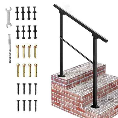 Signstek Handrails for Outdoor Steps, 3 Step Hand Rail Fit 2 or 3 Steps Outdoor Stair Railing, Metal Porch Railing, Deck Handrail, Black Wrought Iron Hand Rails kit for Concrete, Porch Steps, Upgrade